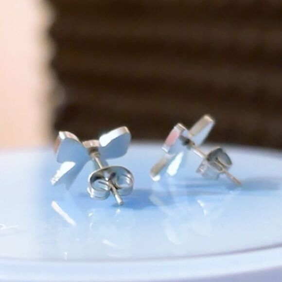 Dainty Silver Stainless Steel Coquette Bow Stud Earrings - Picture 2 of 2